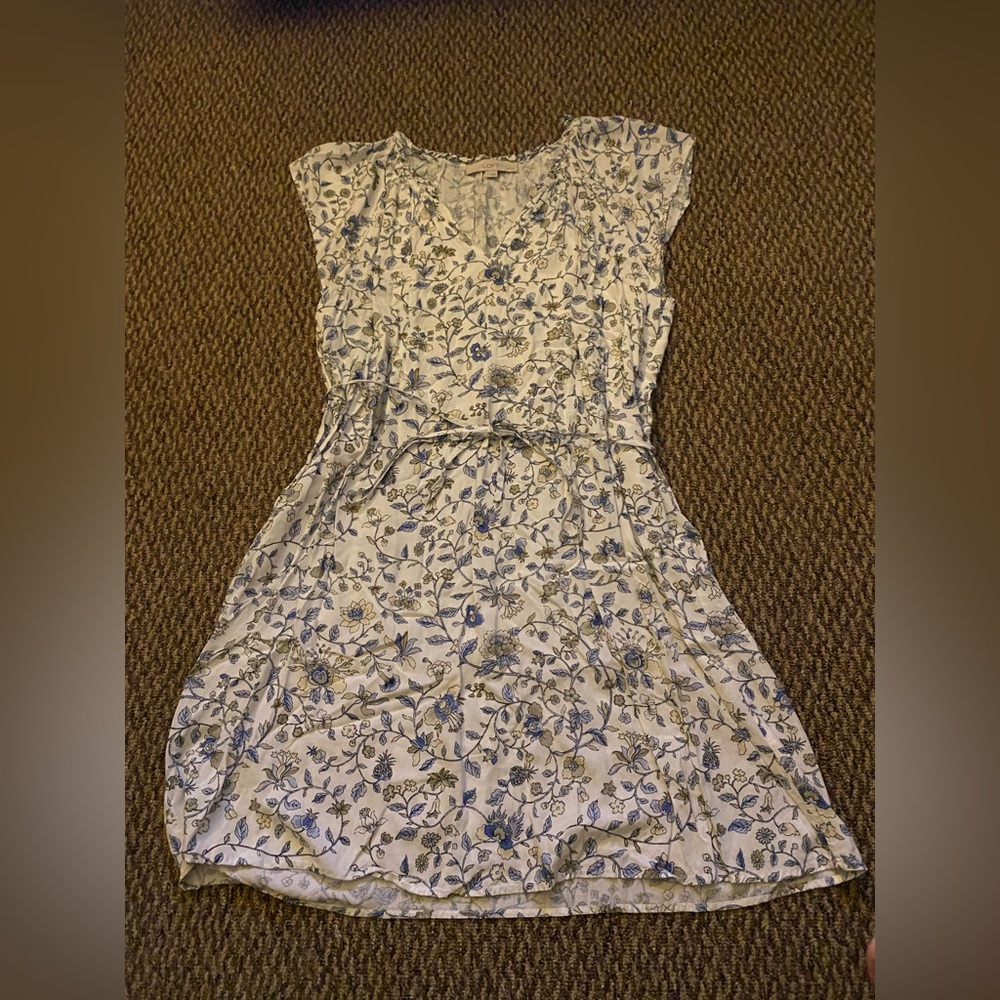 🍎 LOFT White Floral Cotton Dress with Blue & Green Print